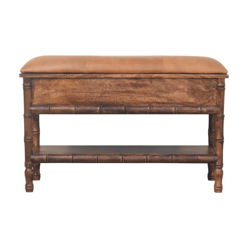 Artisan Furniture Solid Wood Upholstered Bamboo Carved Storage, 2 Drawers, 1 Shelf, Brown