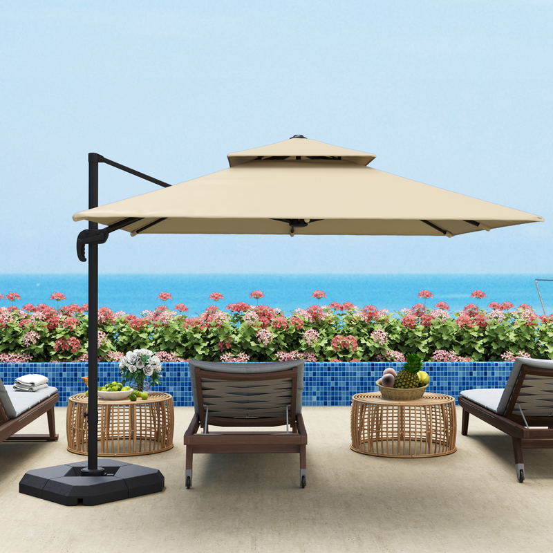 Outsunny 360° Cantilever Parasol Roma Umbrella w/ Base Weights, Khaki