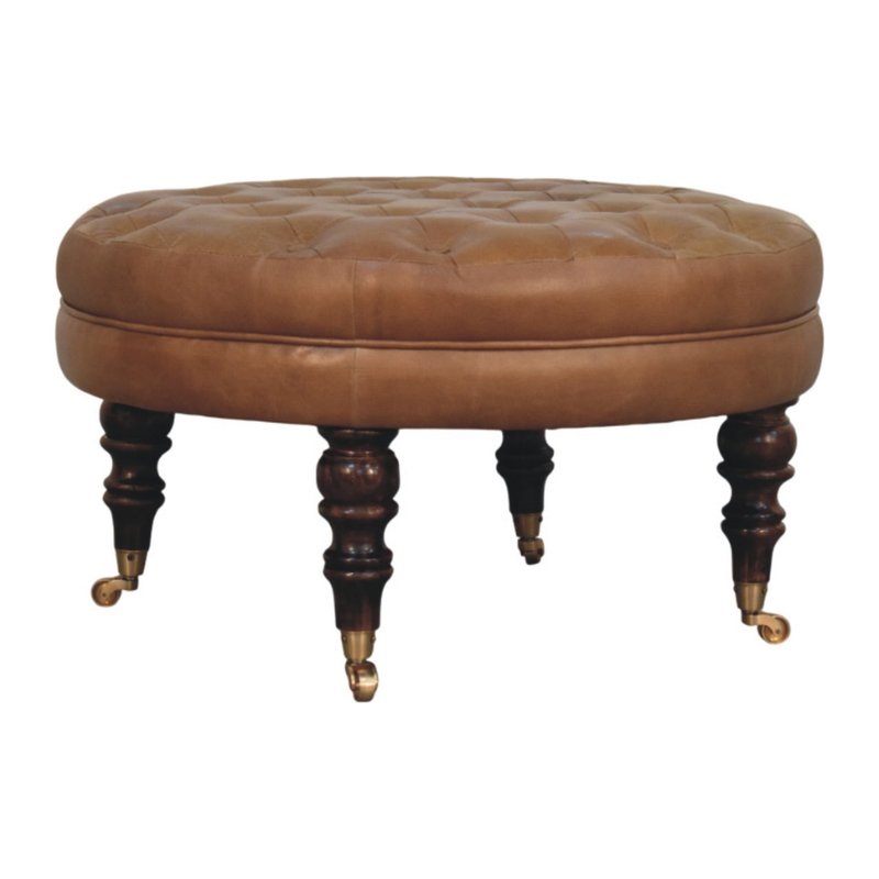 Artisan Furniture Solid Wood Brown Buffalo Leather Round Ottoman with Castor Legs, Brown