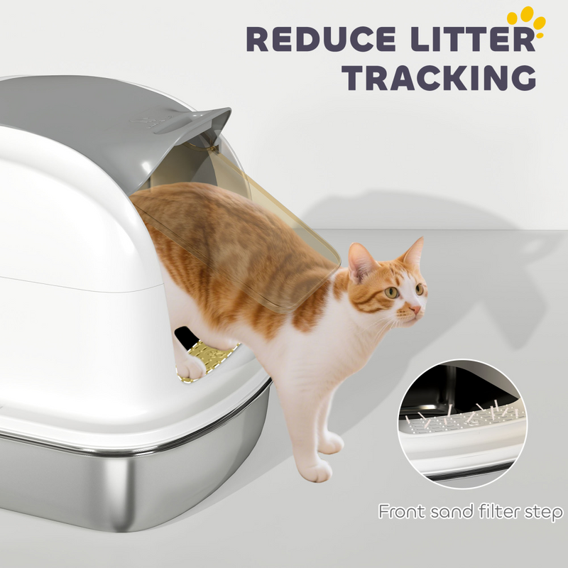 PawHut Stainless Steel Cat Litter Tray with Lid