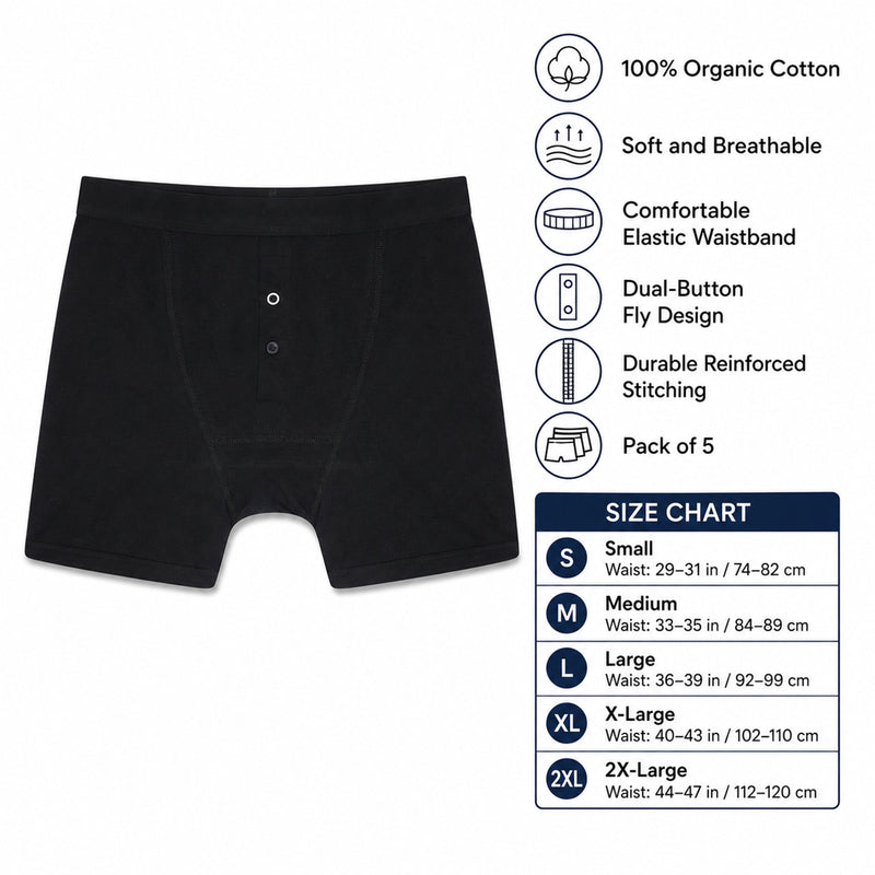 Pack of 5 Men's Cotton Boxer Shorts Button Fly Breathable Stretchy Classic Trunks Premium Comfort Everyday Wear Gym Sports Sock Stack