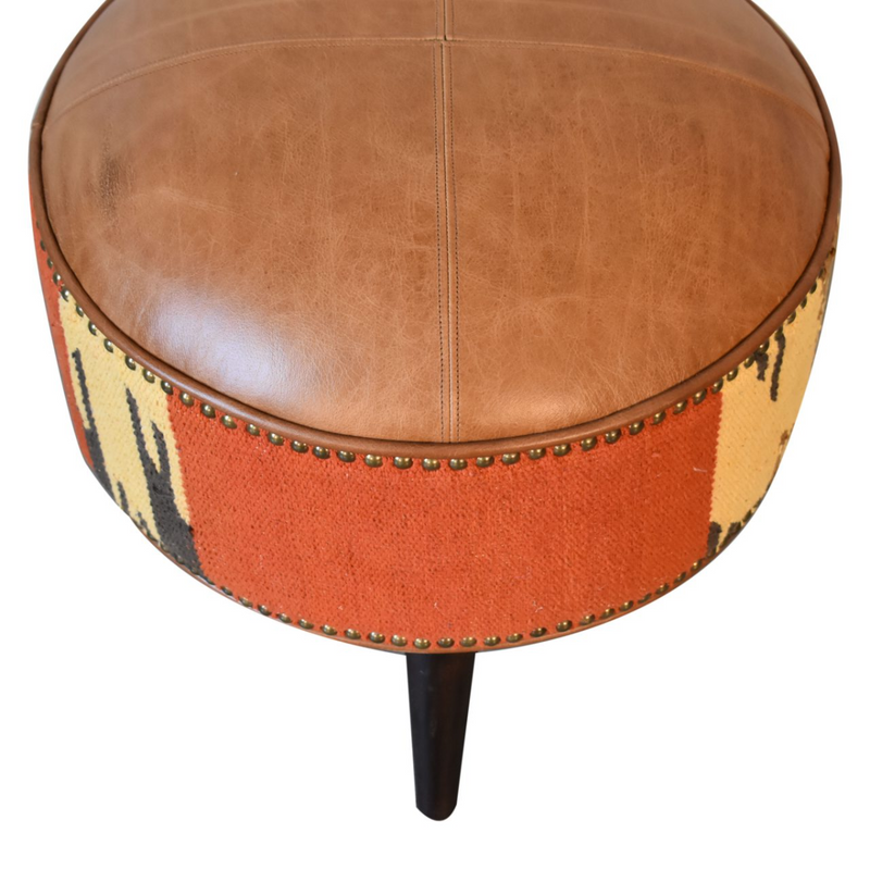 Artisan Furniture Solid Wood Durrie & Leather Mixed Footstool