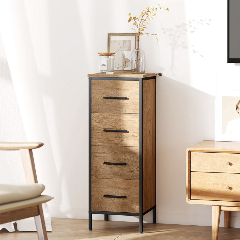HOMCOM Narrow Bathroom Storage Cabinet with 4 Drawers for Small Spaces, Oak