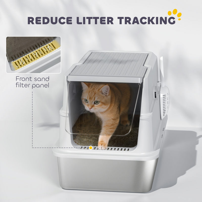 PawHut Extra Large Stainless Steel Cat Litter Tray with Scoop, Flip Top