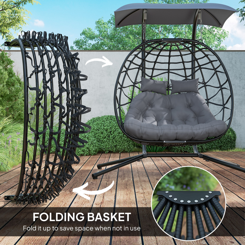 Outsunny Rattan Double Hanging Egg Chair with Canopy, Cushion, Black