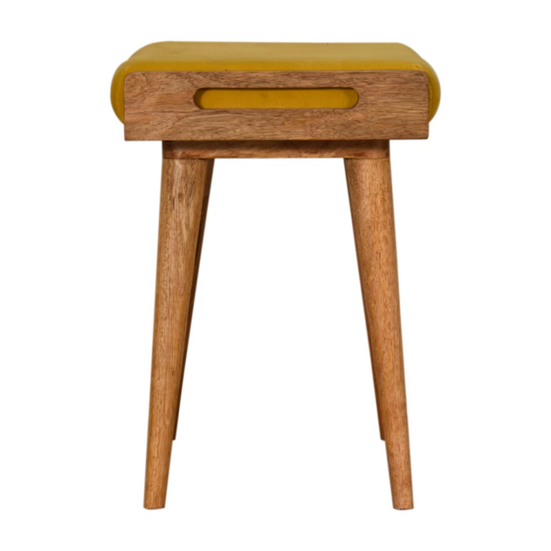 Artisan Furniture Solid Mango Wood Mustard Velvet Tray Style Footstool