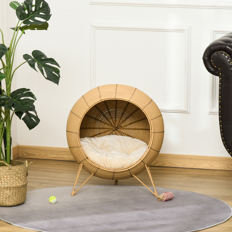 PawHut Wicker Cat Bed Elevated Rattan Kitten Basket Cozy Cave w/ Soft Cushion