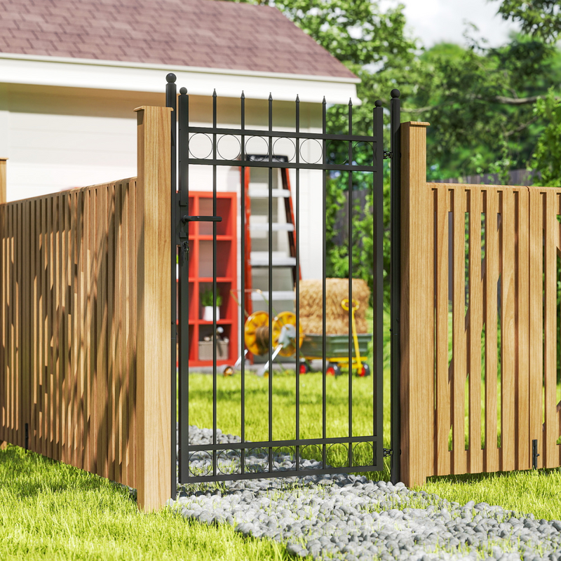 Outsunny Galvanised Steel Garden Fence Gate Security Barrier with Lock, Keys