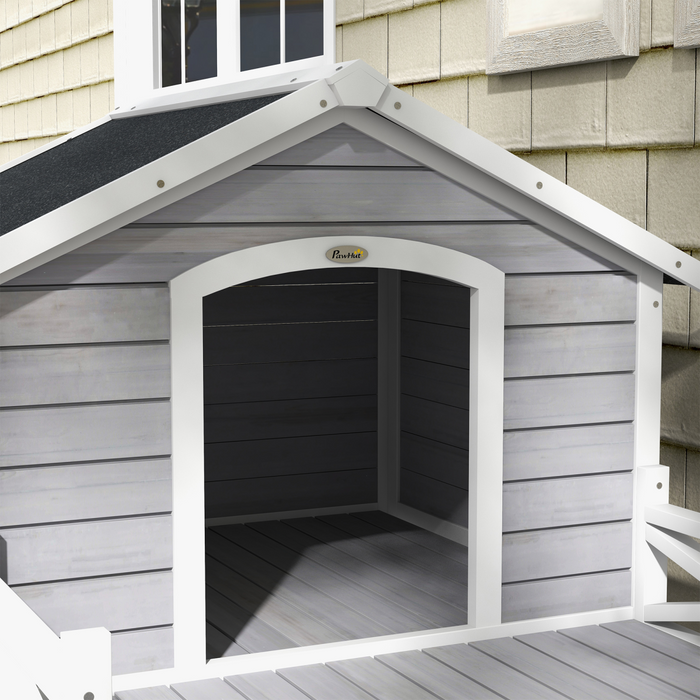 PawHut Wooden Dog House w/ Porch, Water-resistant Roof, for S M Dogs, Grey
