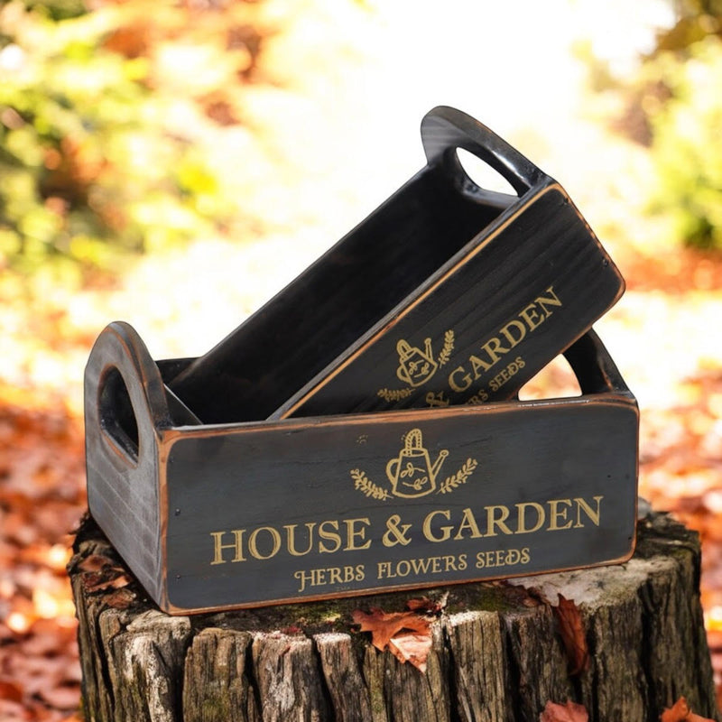 SET 2 BLACK WOODEN CRATES