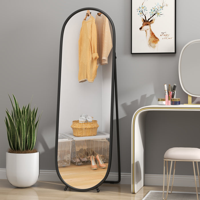 HOMCOM Oval Full Length Mirror with Metal Frame Hanging or Leaning Black