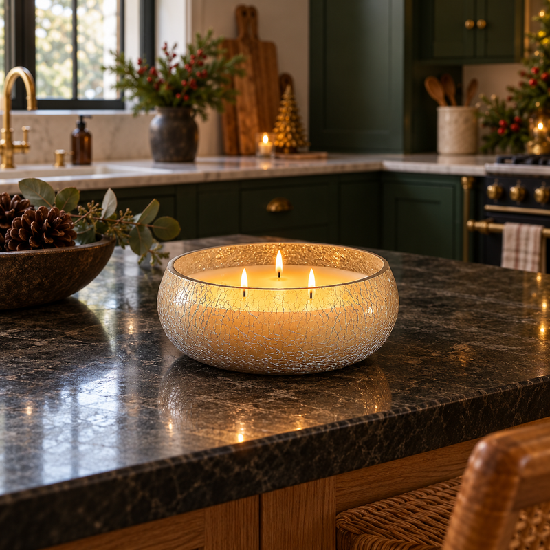 Large 3 Wick Unscented Candle in Crackle-Effect Glass
