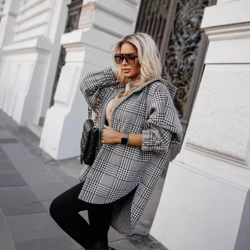 Plaid Hooded Side Slit Personality Street Coat