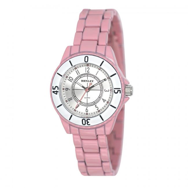 Henley Ladies Enamelled Round Case Silver sunray dial Pink Bracelet Watch H07241.5