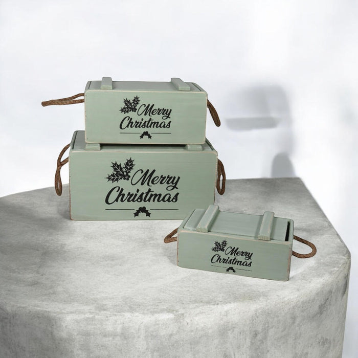 S/3 RUSTIC GREEN CRATES WITH LIDS ROPE HAN