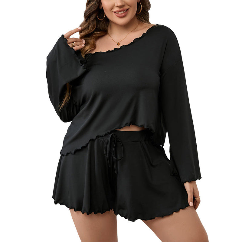 Simple-style Plus-size Loungewear Set Summer Ruffled-edge Long-sleeve Top And Cropped Pants