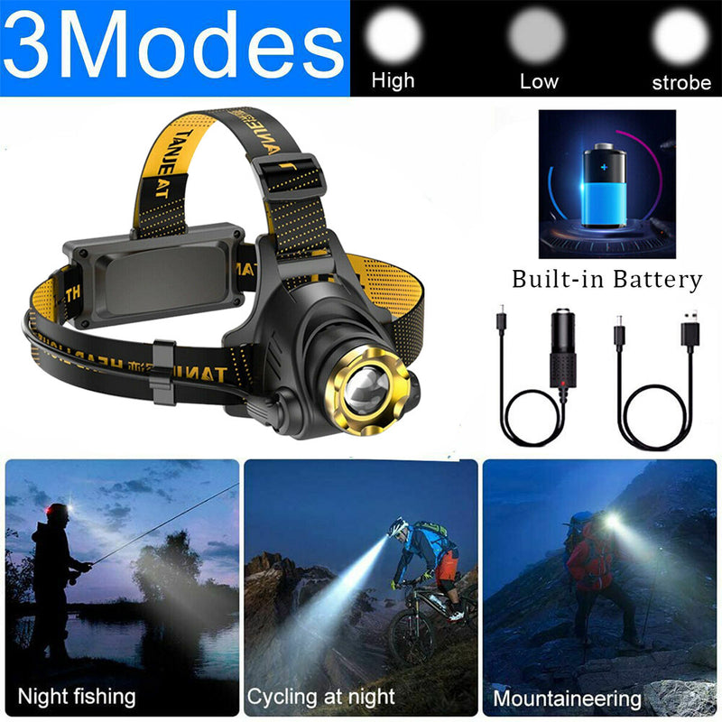 USB Rechargeable LED Headlamp 3-Modes Adjustable Camping Hiking Headlight  W/Car Charger+USB Cable (US Logistics For USPS/DHL/Fedex/UPS. No designated logistics accepted，TK/TMEU only For self-pickup）