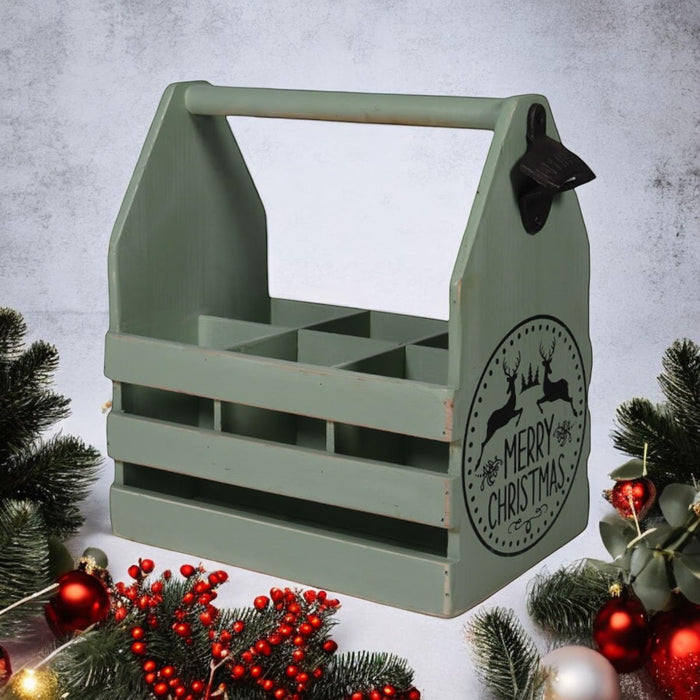 RUSTIC GREEN  6 BOTTLE HOLDER WITH OPENER