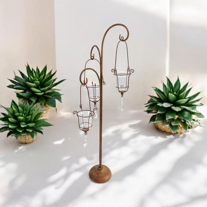 88CM RUSTY METAL CANDLER HOLDER WITH GLASS