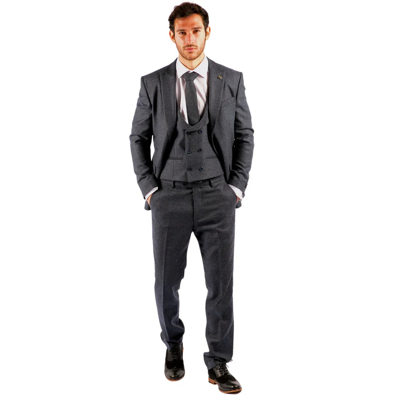 WS25 - Men's 3 Piece Tweed Suit Blue Double Breasted Waistcoat