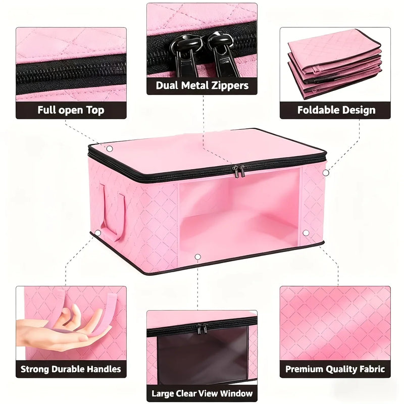 9 Pack Pink Foldable Storage Bags with Window Clothes Quilt Organisers Boxes Zip