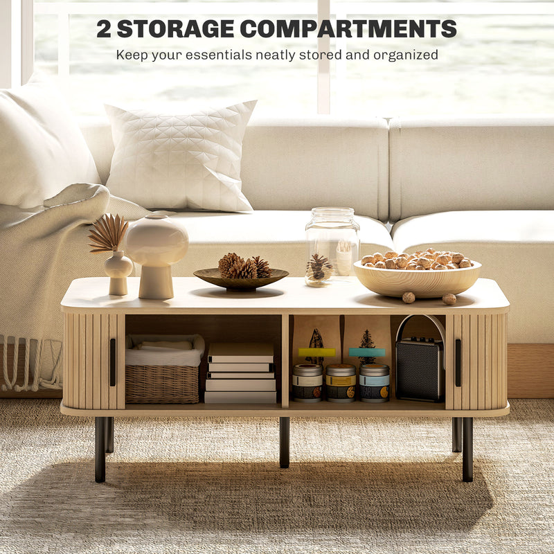 HOMCOM Coffee Table with Storage and Sliding Doors for Living Room, Oak