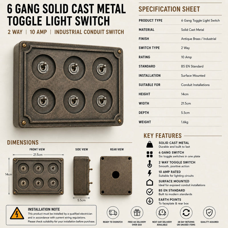 6 Gang 2 Way Bronze Solid Cast Metal Conduit Light Switch Industrial