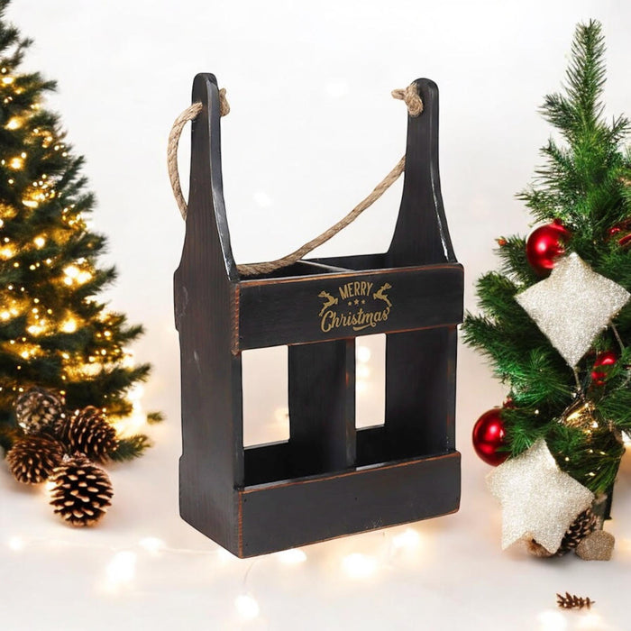 39CM WOODEN BLACK 2 BOTTLE WINE HOLDER