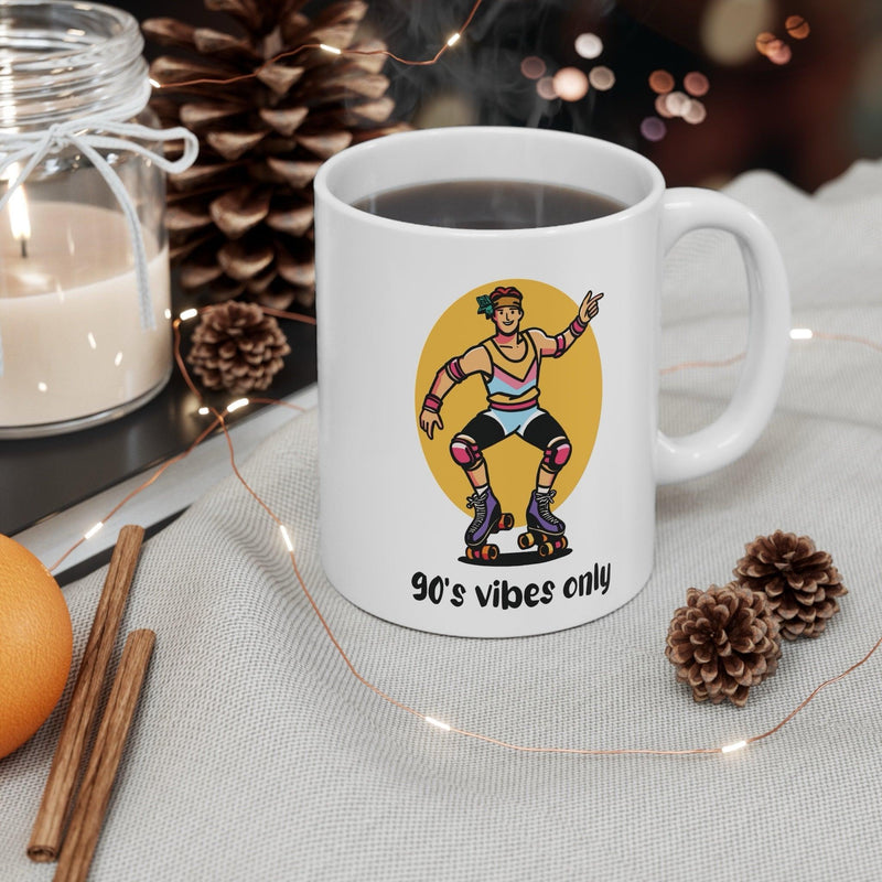 “90s Vibes Only” – Retro Roller Skater Ceramic Mug