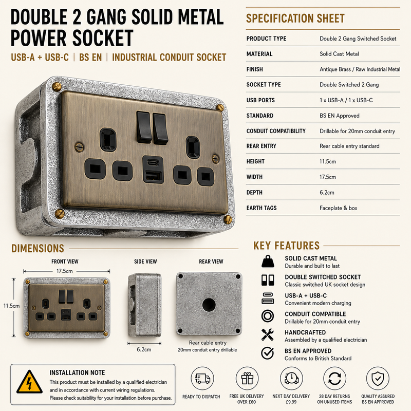 Antique Brass Double Switched 13A Power Socket 230V 13A 2 Gang 2G  Solid Cast Metal Conduit Industrial