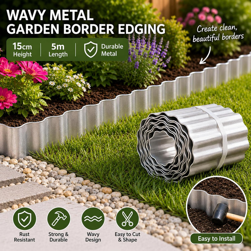 Metal Garden Border Edging Roll 5m × 15cm Galvanised Steel