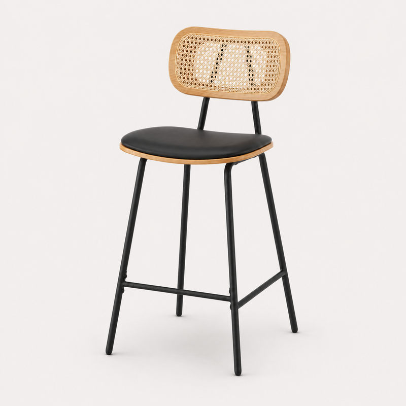 Sora Set of 2 Rattan Frame Black Bar Stools