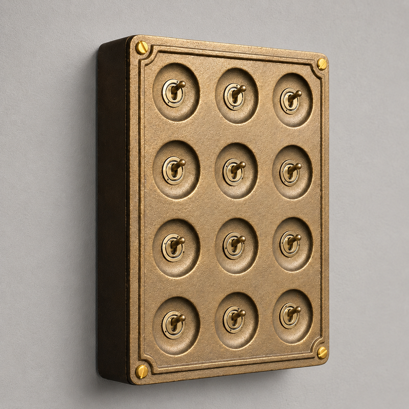 12 Gang 2 Way Bronze Solid Cast Metal Surface Mounting Conduit Light Switch Industrial - BS EN Approved Vintage Crabtree 1950