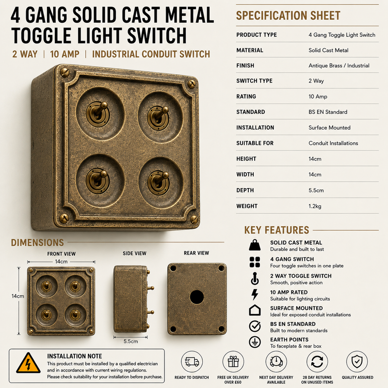 4 Gang 2 Way Solid Antique Brass Bronze Metal Surface Mounting Conduit Light Switch Industrial - Vintage Britmac Style