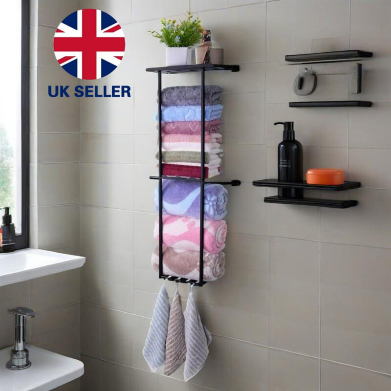 Wall Mounted Towel Rack Bathroom Towel Storage Organizer Metal Shelf Holder
