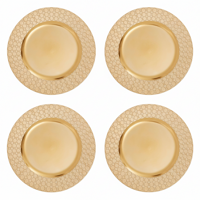 Set of Four 33cm Dia Gold Charger Plates with Octagon Pattern Rim