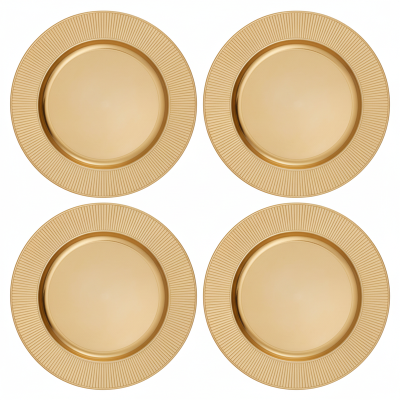 Set of Four 33cm Dia Gold Charger Plates with Ribbed Rims
