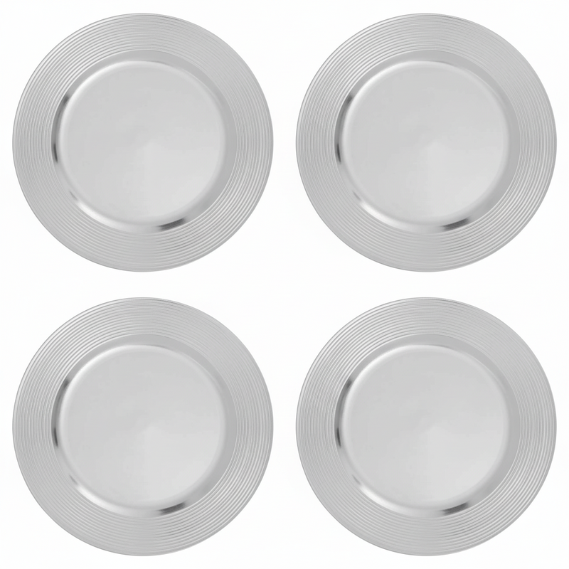 Set of Four 33cm Dia Silver Charger Plates with Ribbed Rims
