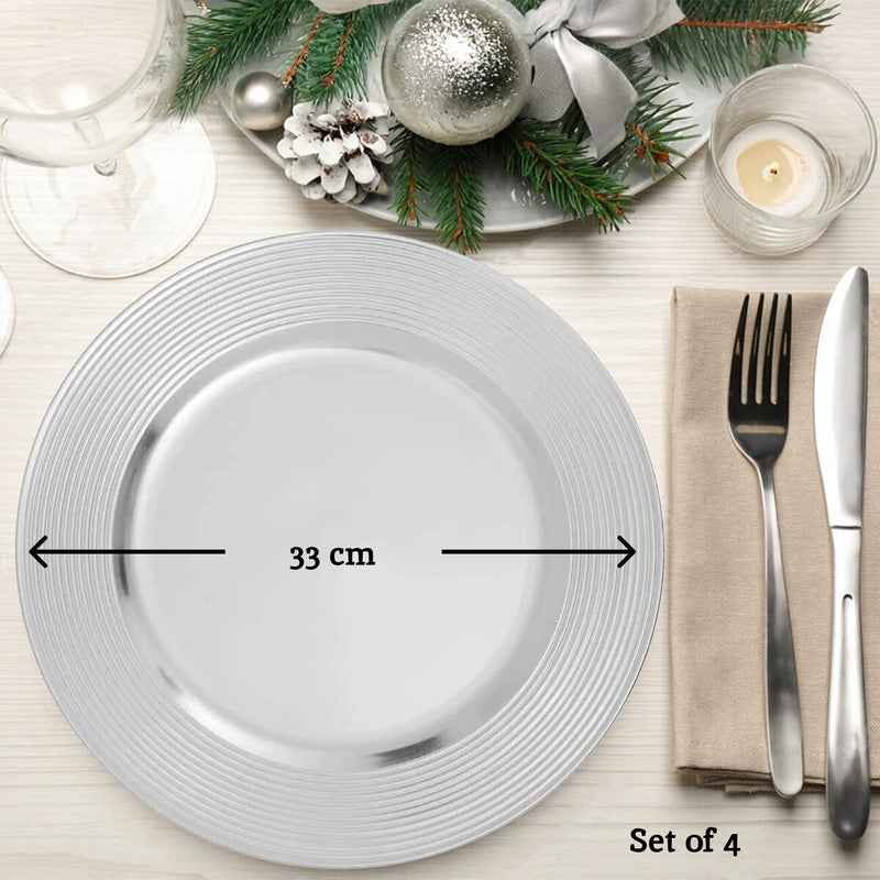 Set of Four 33cm Dia Silver Charger Plates with Ribbed Rims