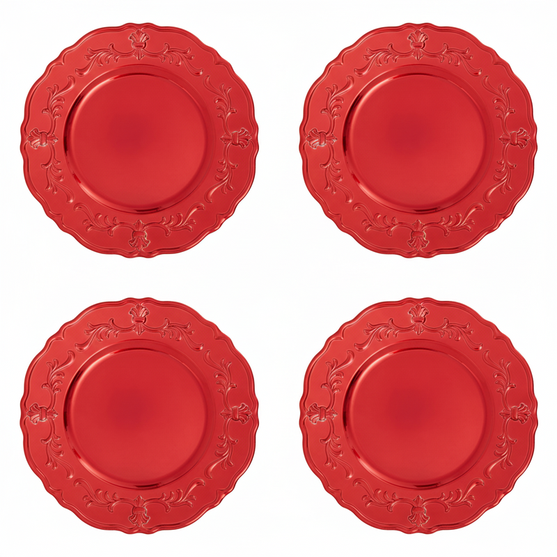 Set of Four 33cm Dia Red Finish Baroque Charger Plates