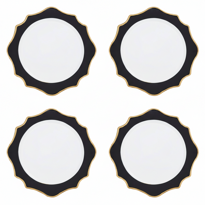 Set of 4 33cm Dia White and Black Round Charger Plates