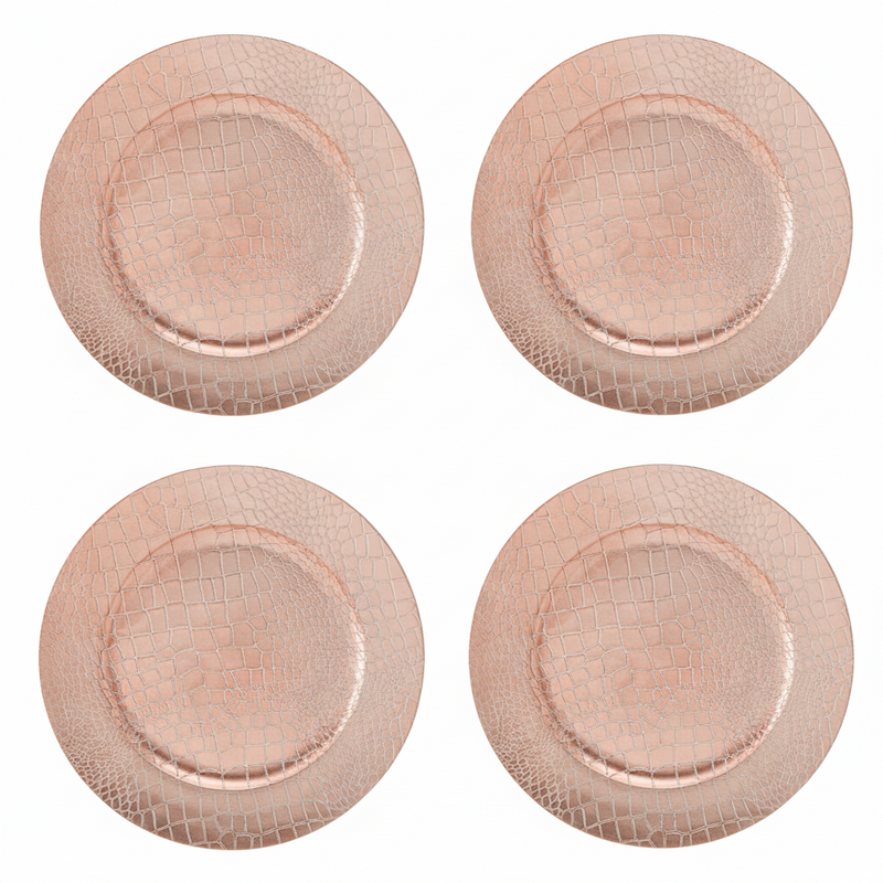 Set of Four 33cm Dia Rose Gold Crocodile Effect Charger Plates