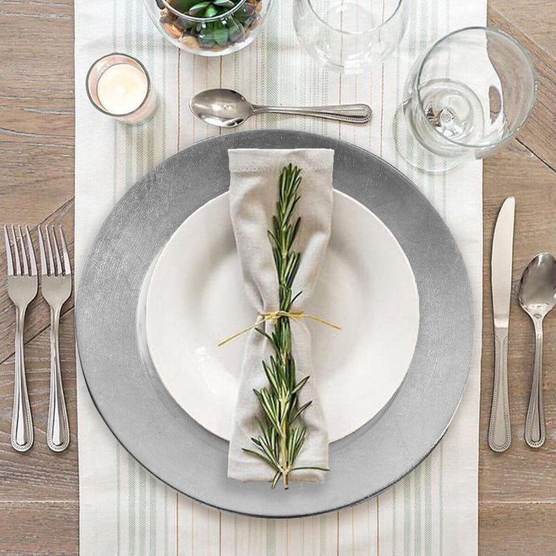 Set of Four 33cm Dia Flat Style Silver Decorative Charger Plates
