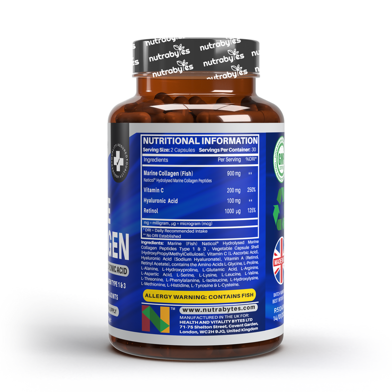 Ultimate Marine Collagen Capsules | High Strength Types I & III with Hyaluronic Acid, Vitamin C & Vitamin A | 60 Capsules, 1 Month Supply | UK Made