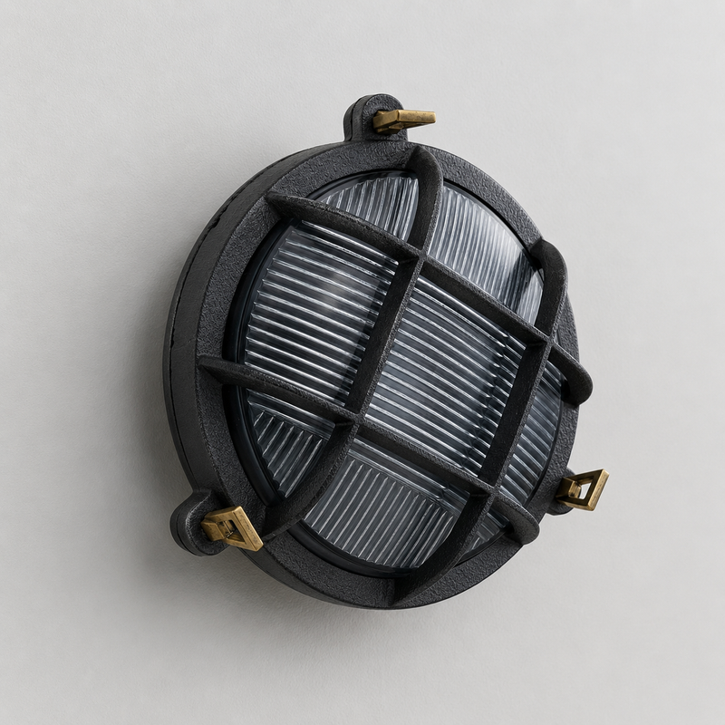 Wroxham ~ Cast Pewter Caged Nautical Bulkhead Wall Light Industrial Ceiling Fixture