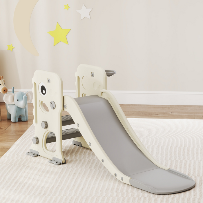 AIYAPLAY Foldable Kids Slide with Climber, Basketball Hoop, Cream White