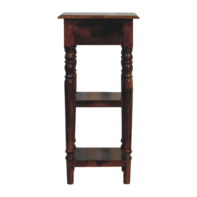 Artisan Furniture Solid Wood Tall Turned Leg Side Table, 1 Drawer & 2 Shelves, Brown