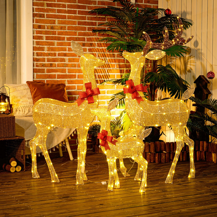Outsunny 3-Piece Light Up Christmas Deer Family Set of 3 for Lawn Gold Tone