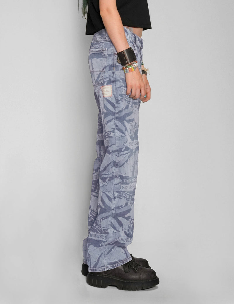 'Peace' Laser Print Jeans in Light Blue