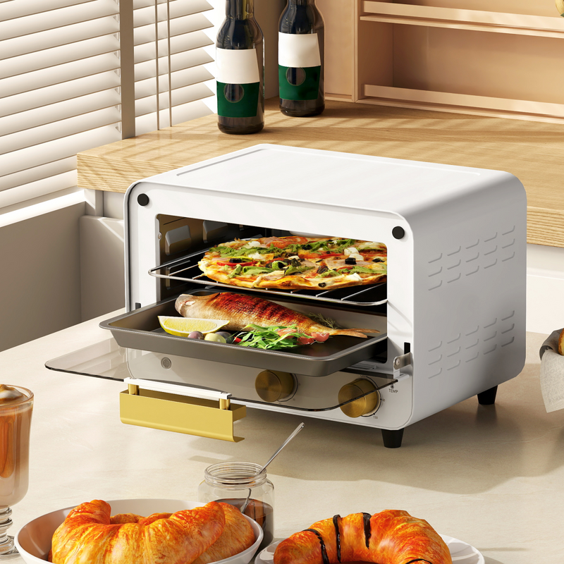 HOMCOM Small Toaster Oven, 12L Mini Countertop Oven with Glass Door, White